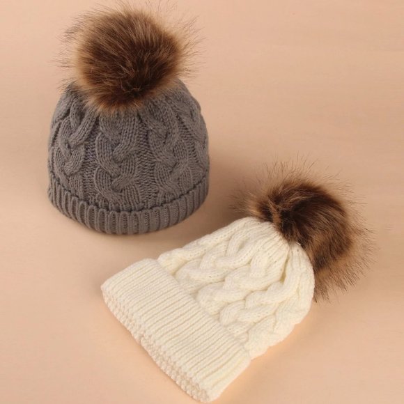 2pcs Baby Pom Pom Decor Beanie - Picture 2 of 4